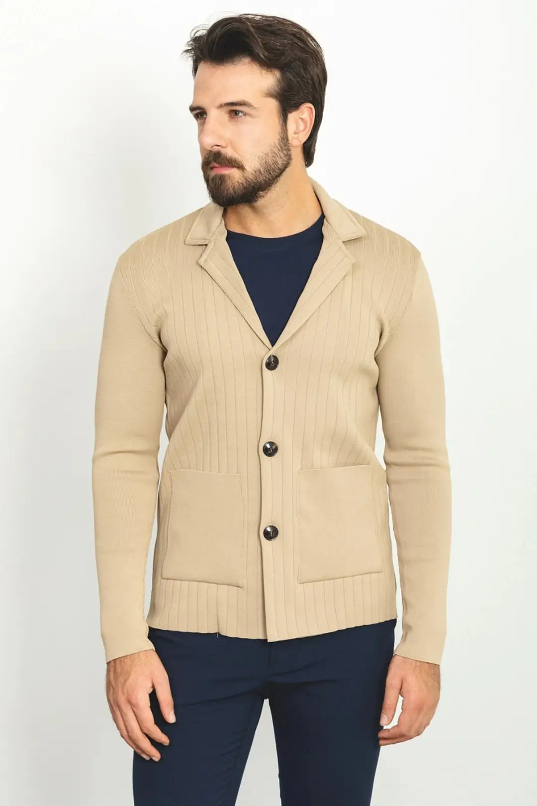 Slim Fit Erkek Çelik Örgü Düğmeli Cepli Çizgi Desen Hırka - BEJ