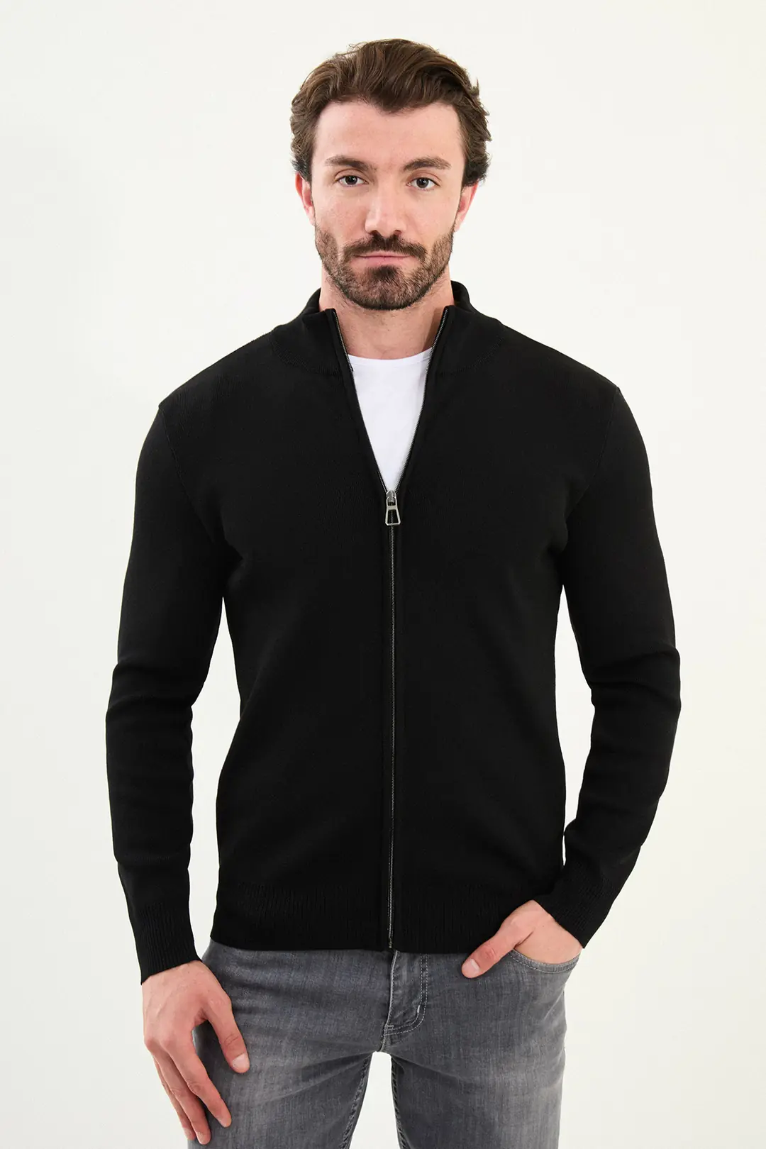 Slim Fit Erkek Çift Fermuarlı Boğazlı Yaka Örme Hırka - SİYAH