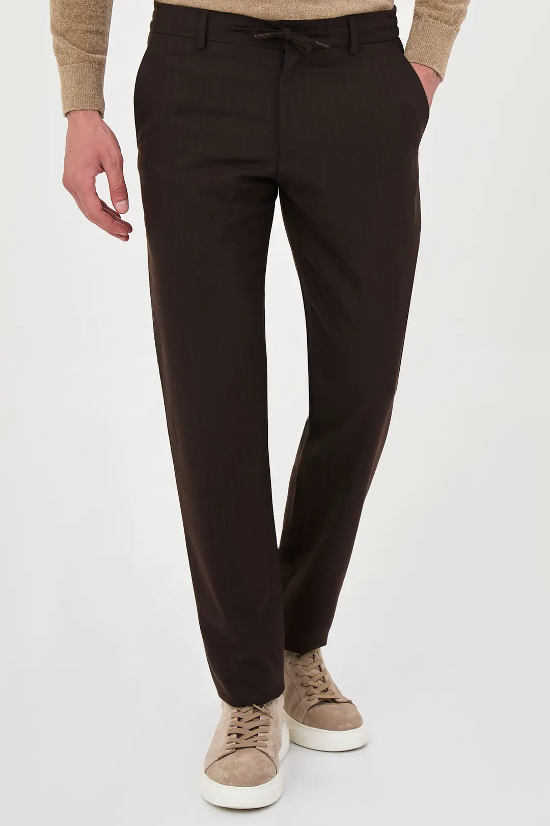 Slim Fit Erkek Yünlü İpli Jogger Lastikli Bel Kışlık Pantolon  - KAHVERENGİ