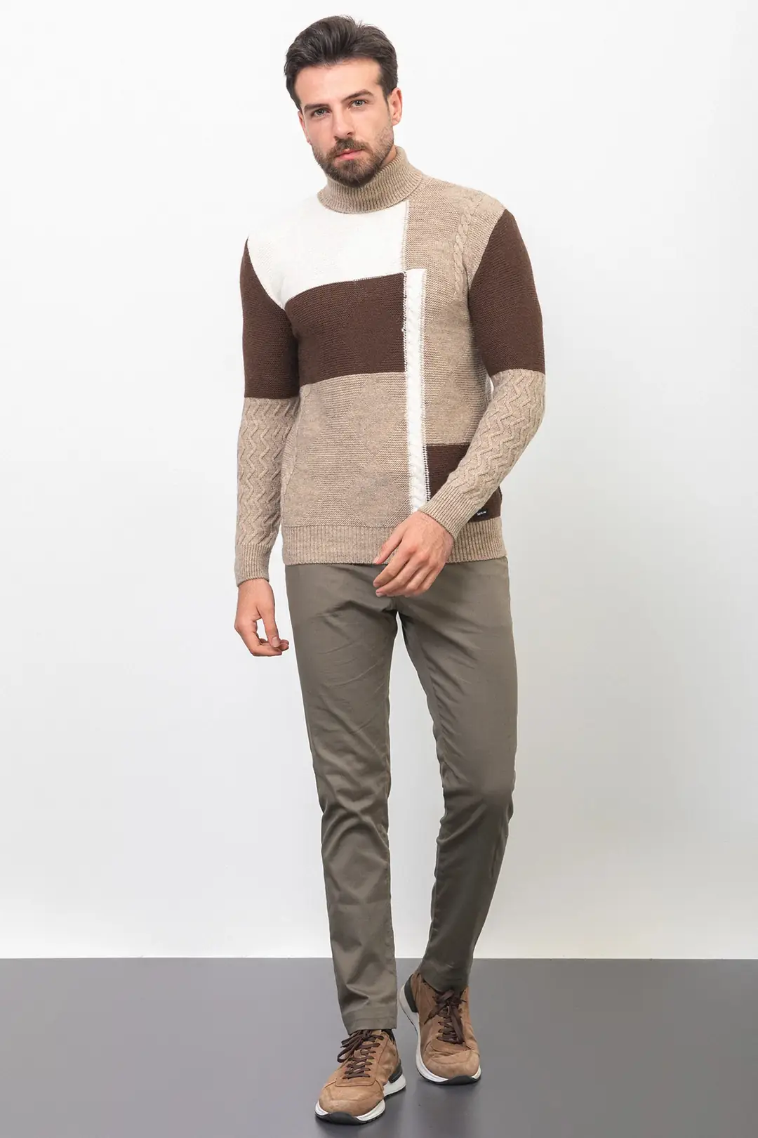 Slim Fit Erkek Parça Desen Örgü Tam Boğazlı Triko Kazak 3