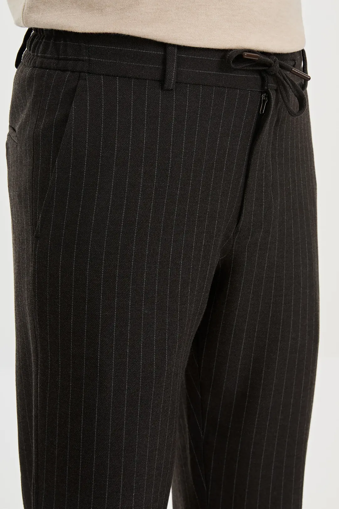 Slim Fit Erkek Çizgili Lastikli Bel İpli Jogger Kışlık Pantolon  5