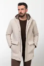 Slim Fit Erkek Kapüşonlu Uzun Su Geçirmez Cepli Fermuarlı Mont 2