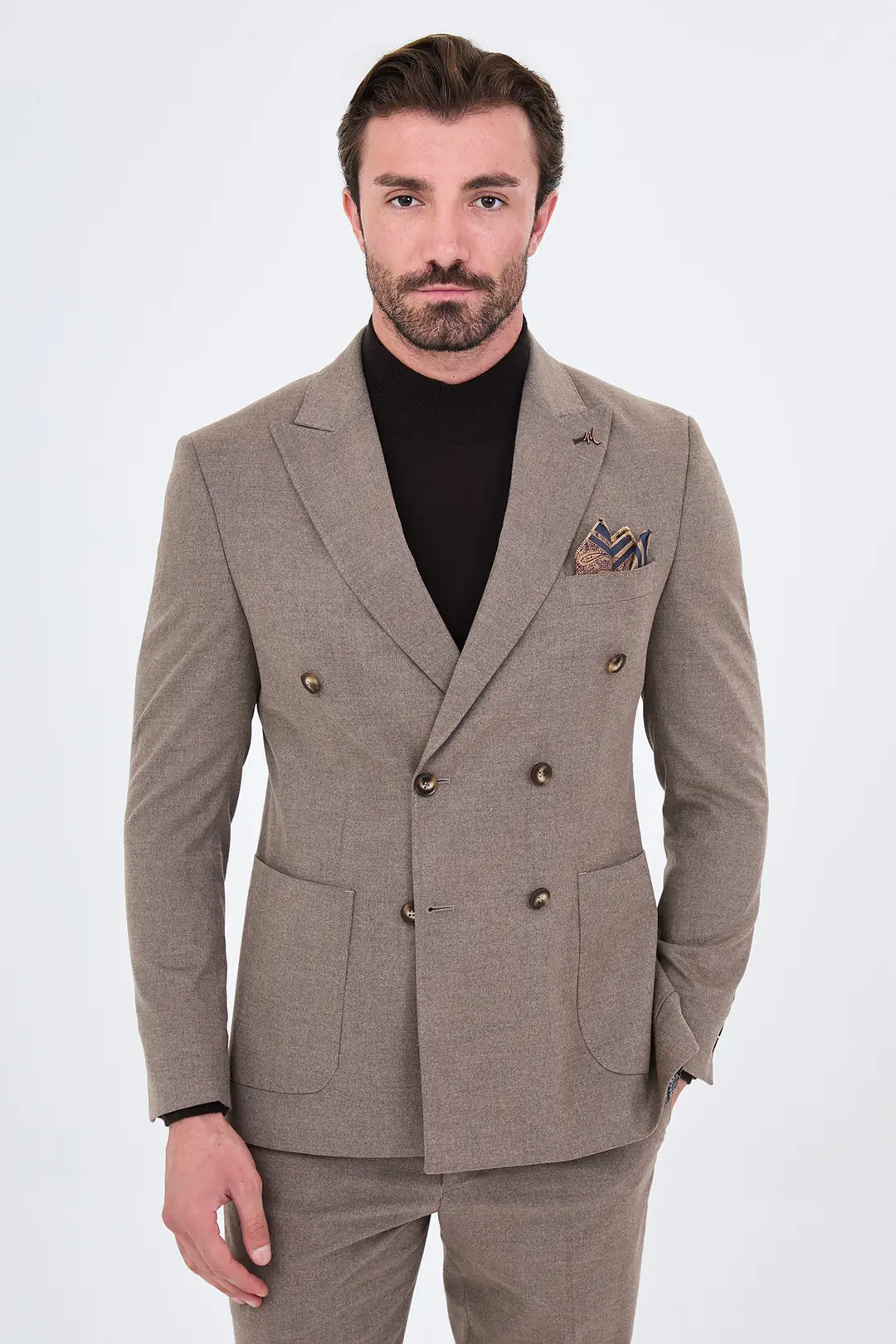 Slim Fit Erkek Yün Kumaş Kışlık Kruvaze Takım Elbise  1