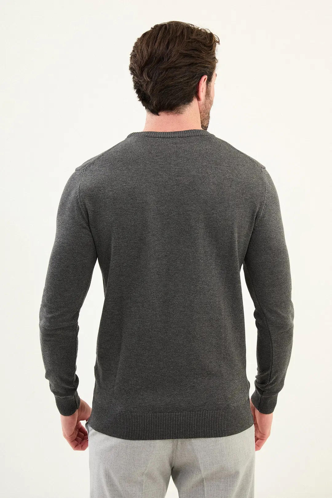 Slim Fit Erkek Düz Kumaş O Yaka Dokuma Triko Kazak 2