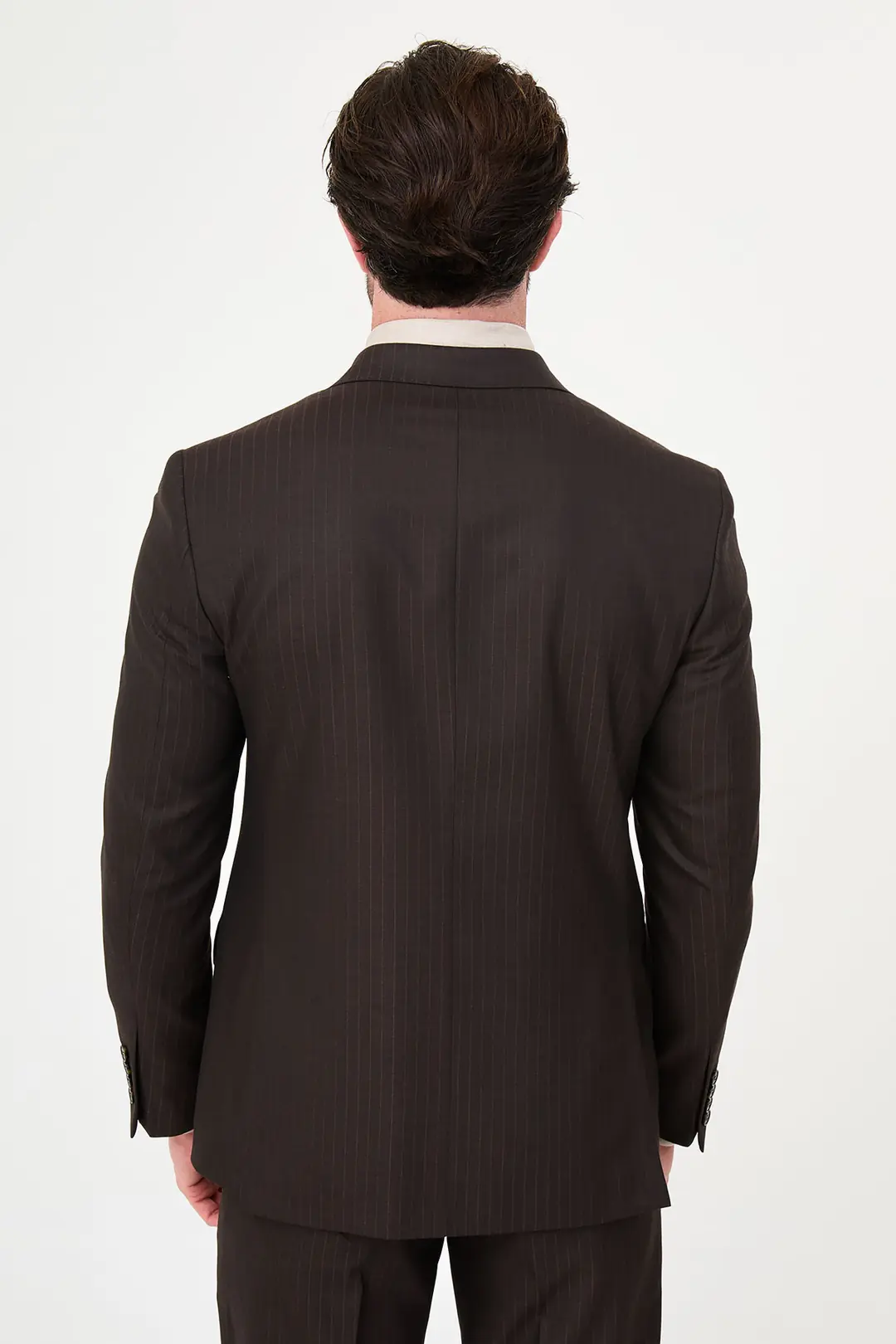 Slim fit Erkek Kruvaze Model Yünlü Çizgili Kumaş Takım Elbise  5
