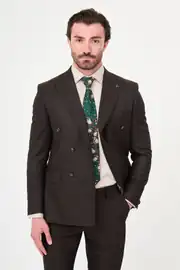 Slim fit Erkek Kruvaze Model Yünlü Çizgili Kumaş Takım Elbise  2