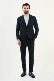 Erkek Kırlangıç Yaka Yünlü Çizgili Kumaş Torba Cep Slim Fit  Takım Elbise  3