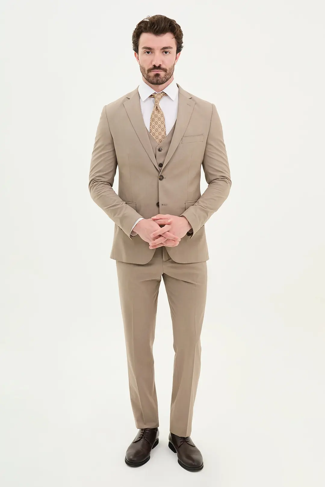 Slim Fit Erkek Mono Yaka Yelekli Likralı Rahat Çift Düğme Takım Elbise 3