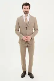 Slim Fit Erkek Mono Yaka Yelekli Likralı Rahat Çift Düğme Takım Elbise 3
