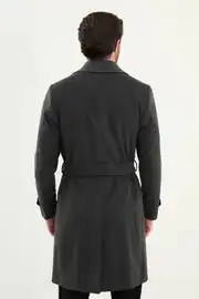 Erkek Yün Kumaş Geniş Yaka Kruvaze Model Kuşaklı Uzun Kaban  4