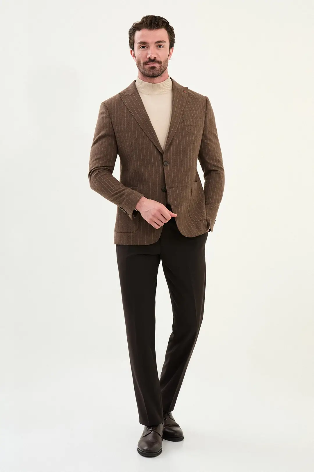 Slim Fit Erkek Torba Cep Çizgili Yün Kışlık Blazer Ceket 4
