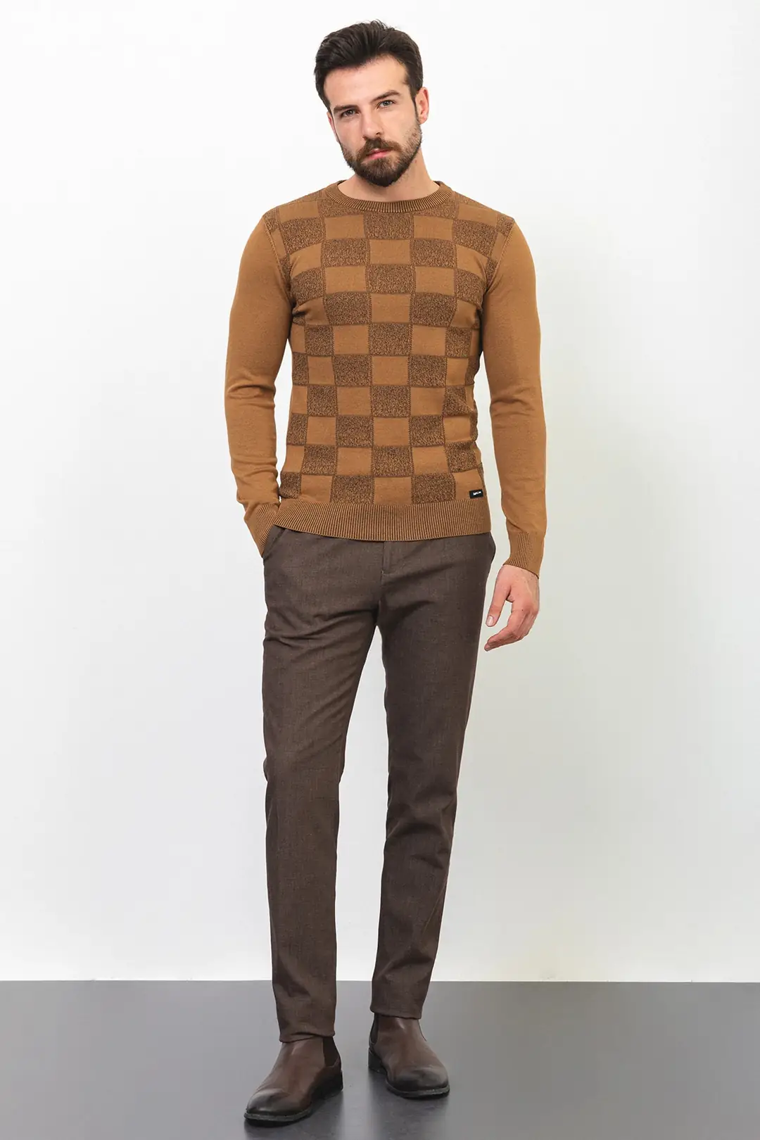 Slim Fit Erkek Kareli O Yaka Örme Triko Kazak 2