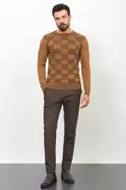 Slim Fit Erkek Kareli O Yaka Örme Triko Kazak 2