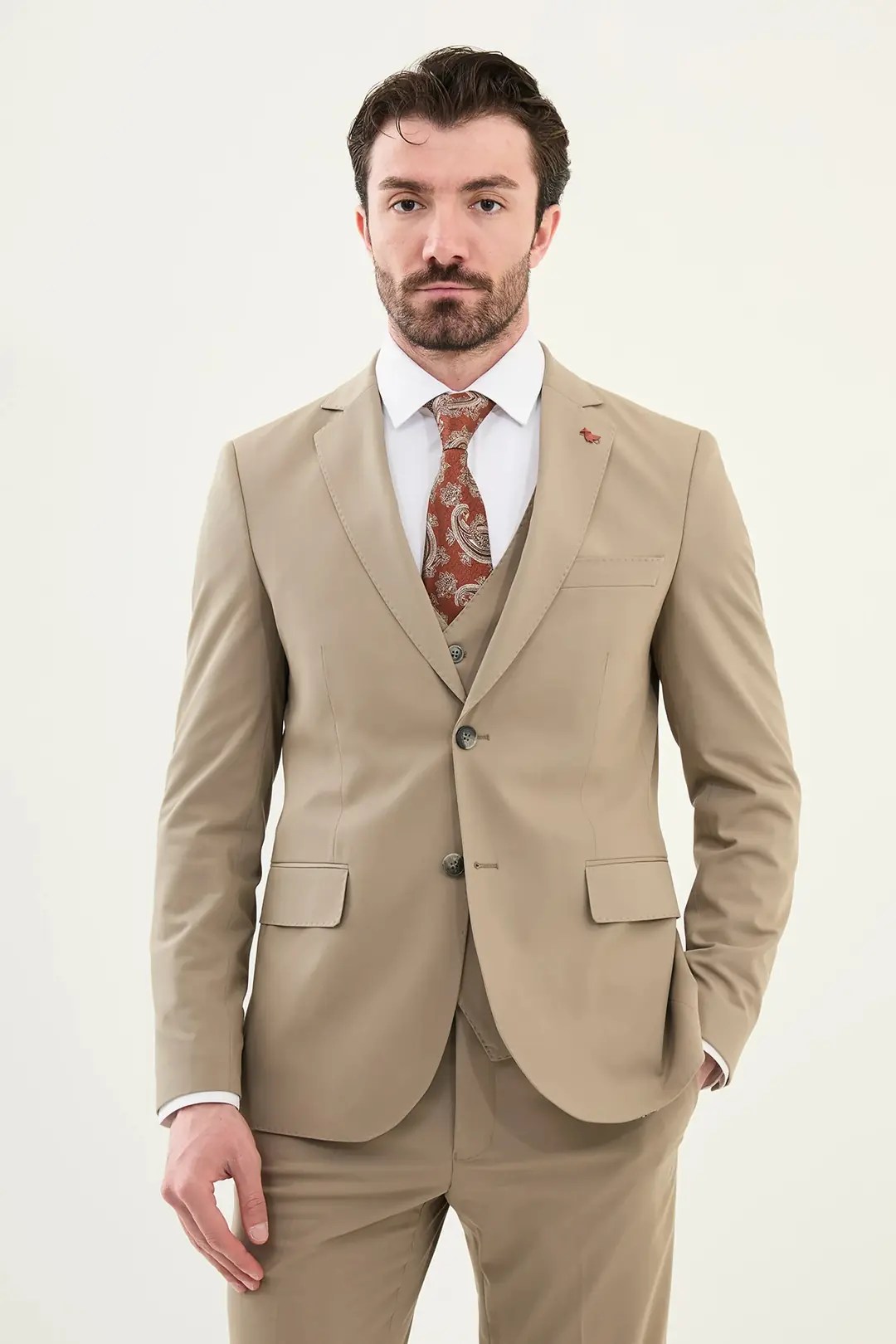 Slim Fit Erkek Mono Yaka Yelekli Takım Elbise