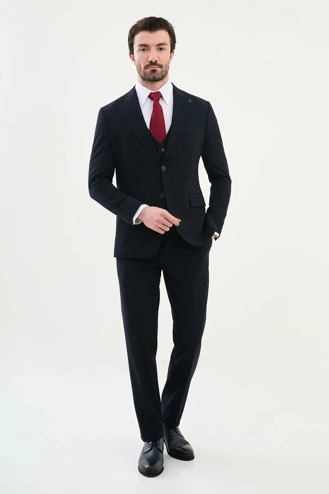 Slim Fit Erkek Sivri Yaka Likralı Yelekli Takım Elbise 4
