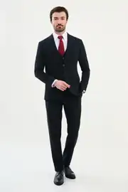 Slim Fit Erkek Sivri Yaka Likralı Yelekli Takım Elbise 4