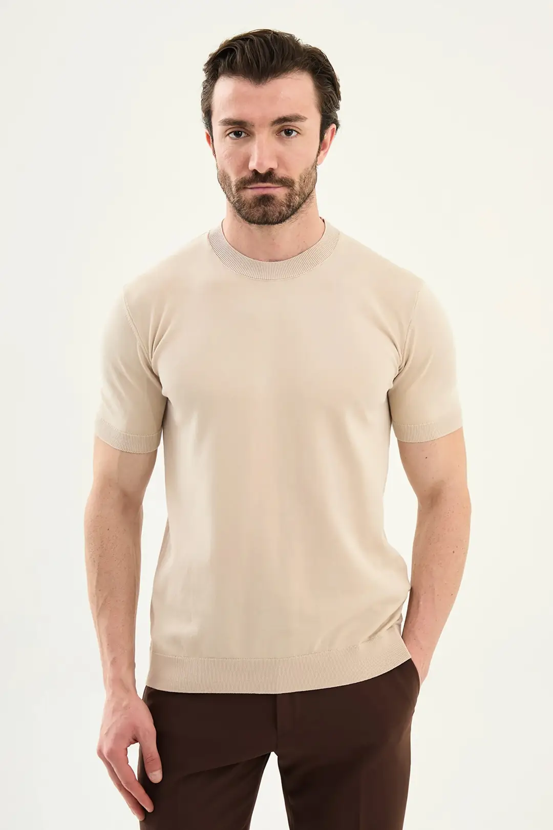 Slim Fit Erkek Bisiklet Yaka Düz Kısa Kollu Tshirt 1