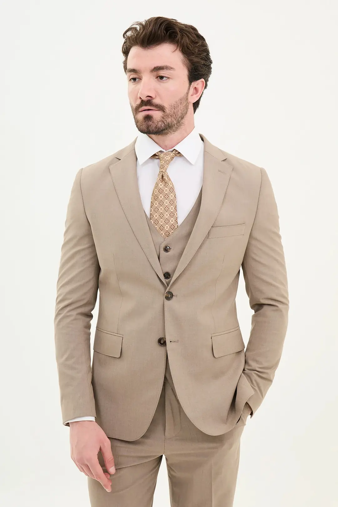 Slim Fit Erkek Mono Yaka Yelekli Likralı Rahat Çift Düğme Takım Elbise - VİZON