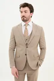Slim Fit Erkek Mono Yaka Yelekli Likralı Rahat Çift Düğme Takım Elbise 1