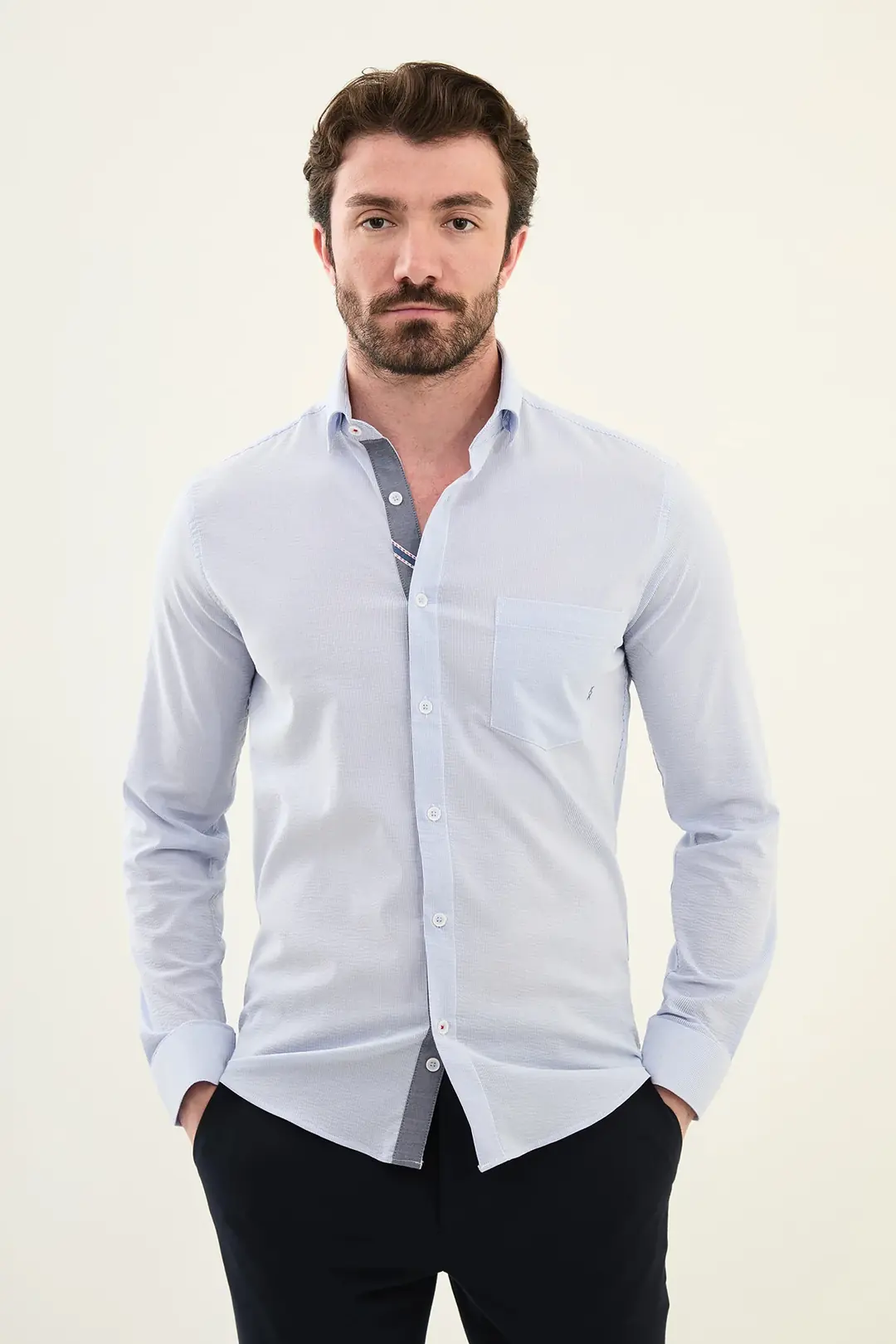 Slim Fit Erkek Uzun Kol Cepli Çizgi Desen Gofre Kumaş Gömlek