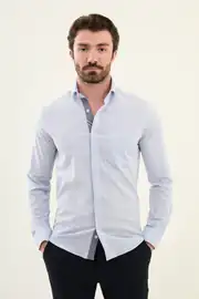 Slim Fit Erkek Uzun Kol Cepli Çizgi Desen Gofre Kumaş Gömlek 1
