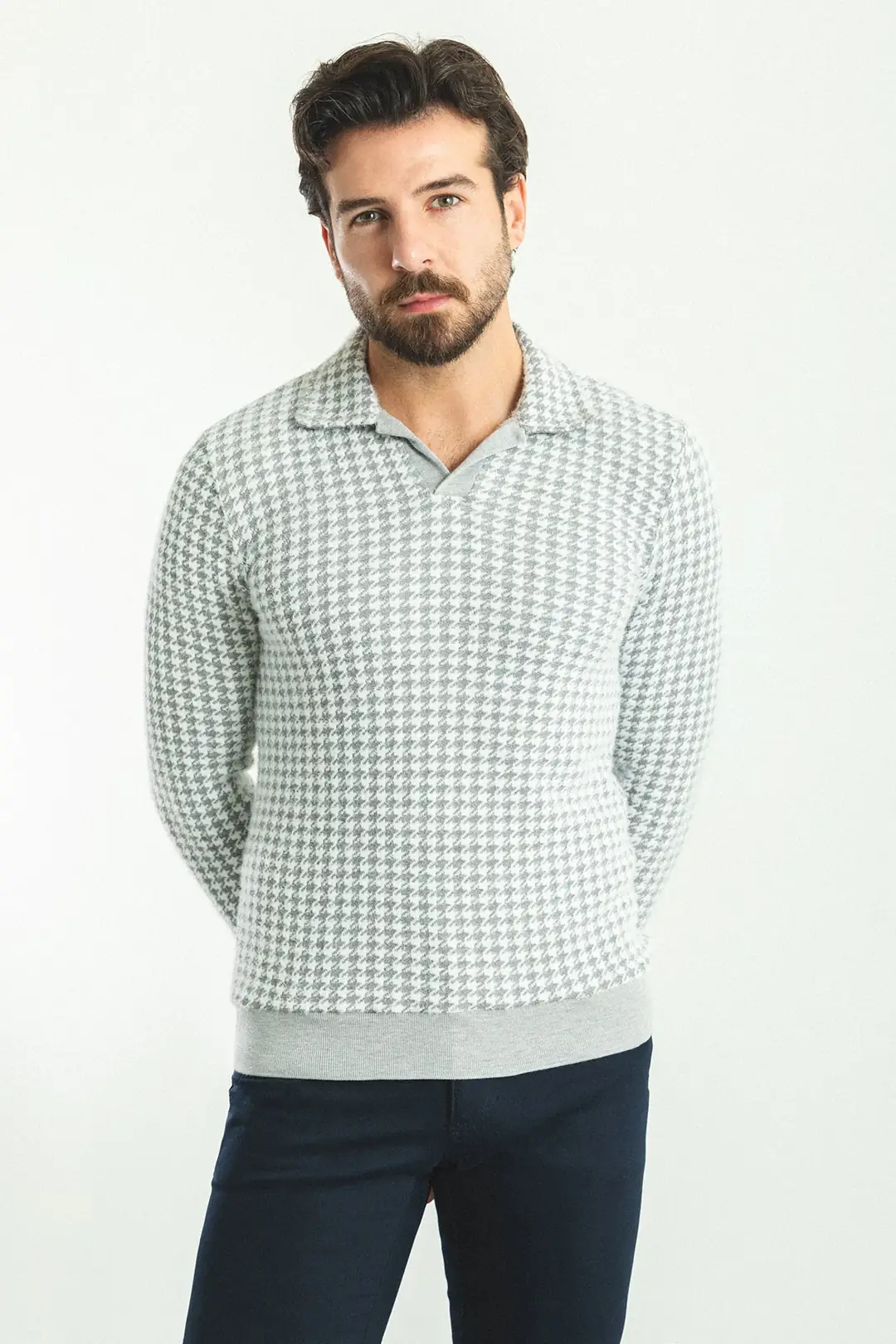 Slim Fit Erkek Kaz Ayağı Desen Polo Yaka Triko Kazak 2