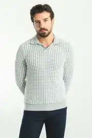 Slim Fit Erkek Kaz Ayağı Desen Polo Yaka Triko Kazak 2