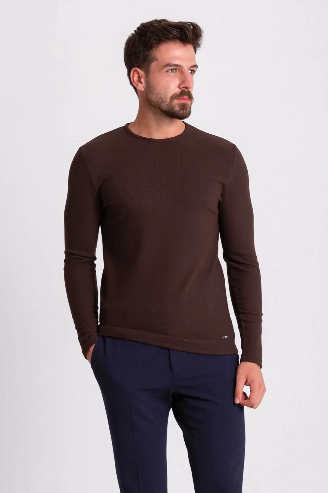 Slim Fit Erkek Dokulu Örme O Yaka Sweat - KAHVERENGİ