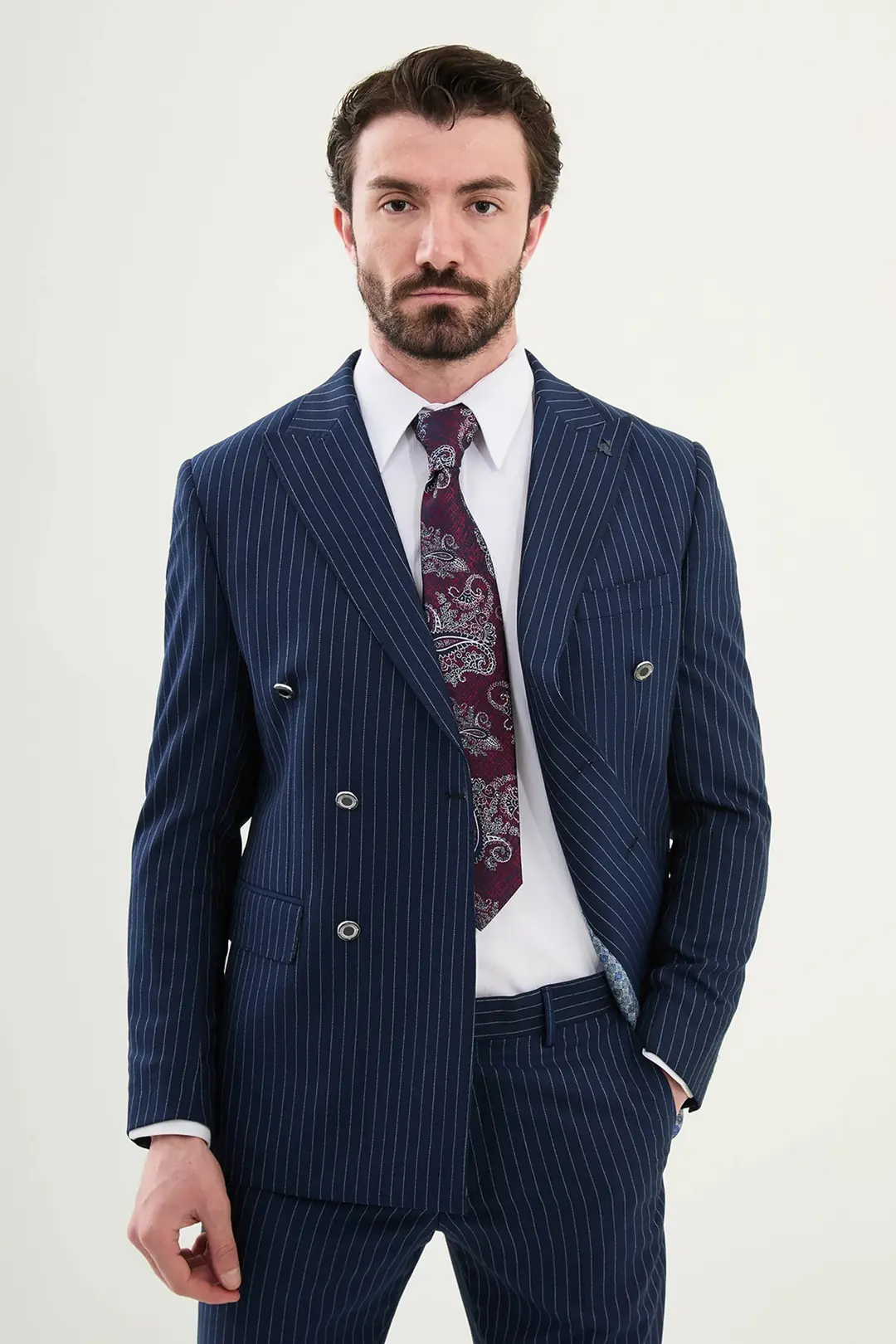 Slim Fit Erkek Çizgili Sivri Yaka Modern Takım Elbise 3