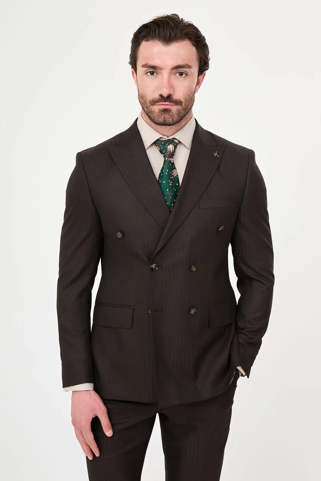 Slim fit Erkek Kruvaze Model Yünlü Çizgili Kumaş Takım Elbise  1