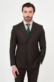 Slim fit Erkek Kruvaze Model Yünlü Çizgili Kumaş Takım Elbise  1