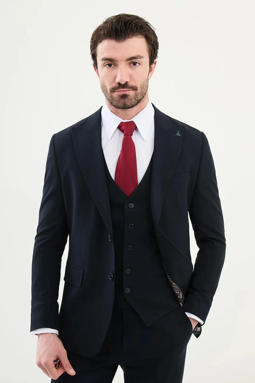 Slim Fit Erkek Sivri Yaka Likralı Yelekli Takım Elbise - LACİVERT