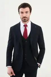 Slim Fit Erkek Sivri Yaka Likralı Yelekli Takım Elbise 1