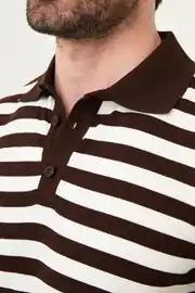 Slim Fit Polo Yaka Düğmeli Çizgili Kısa Kollu Tshırt 2