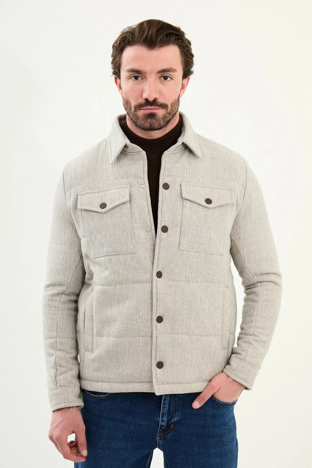 Slim Fit Erkek Cepli Çıt Çıtlı Gömlek Yaka Dolum Mont