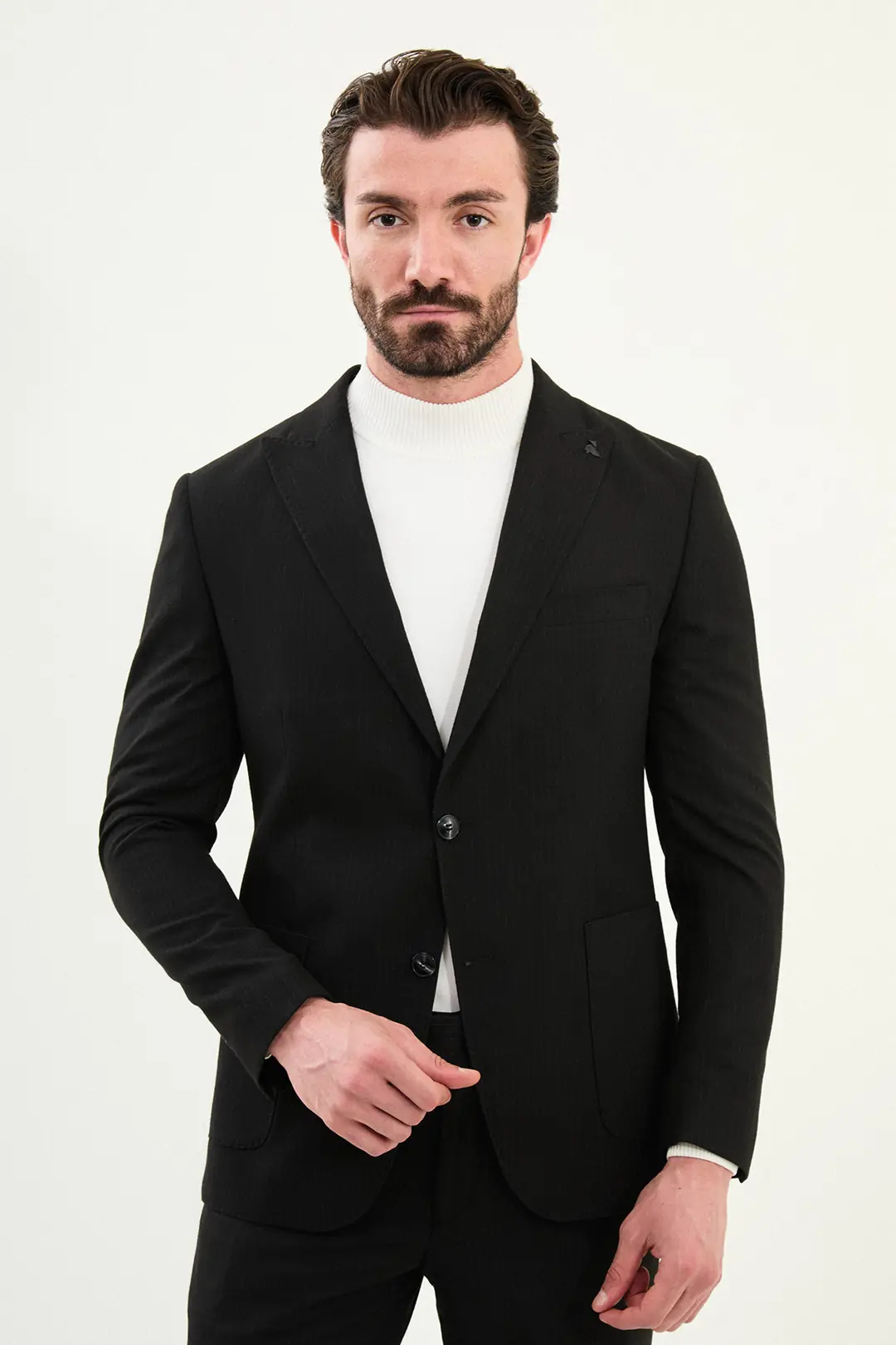 Erkek Kırlangıç Yaka Yünlü Çizgili Kumaş Torba Cep Slim Fit  Takım Elbise  - SİYAH
