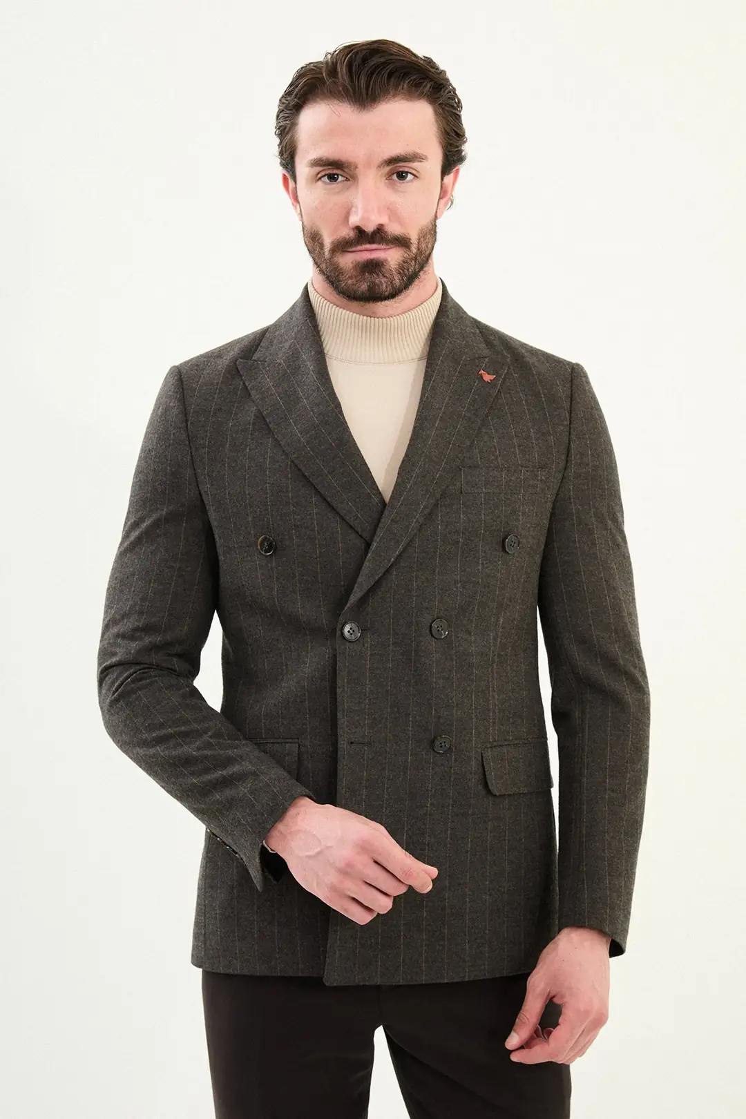 Slim Fit Erkek Çizgili Geniş Yaka Yün Kışlık Ceket - KAHVERENGİ