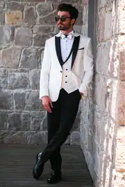 Slim Fit Erkek Kırlangıç Yaka  Yelekli Gofre  Kumaş Smokin 2