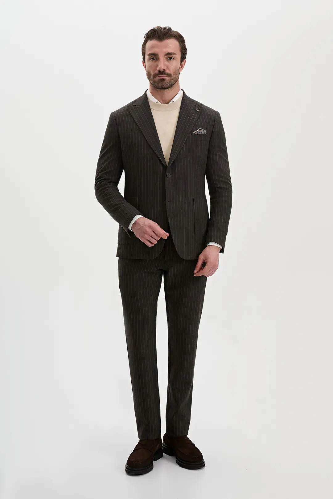 Slim Fit Erkek Çizgili Torba Cep Kırlangıç Yaka Kışlık Ceket  3