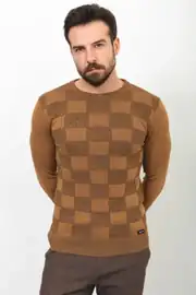 Slim Fit Erkek Kareli O Yaka Örme Triko Kazak 1