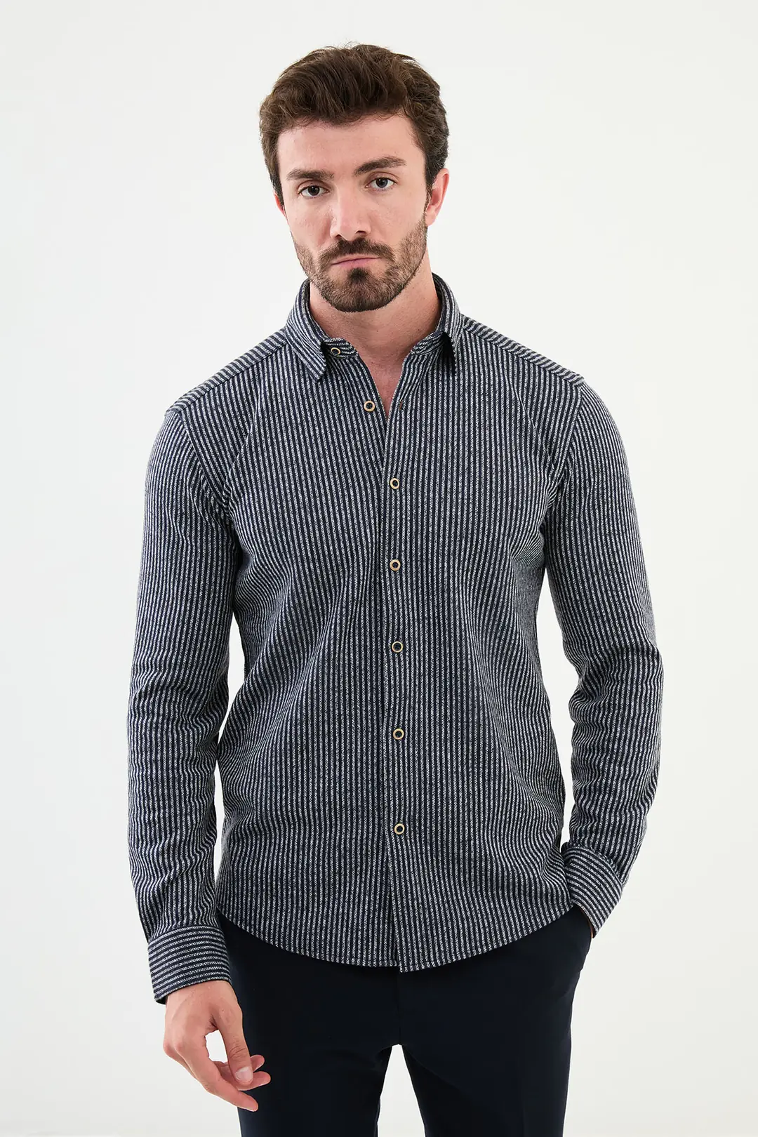 Slim Fit Erkek Çizgili Düğmeli Yaka Uzun Kol Spor Gömlek - S