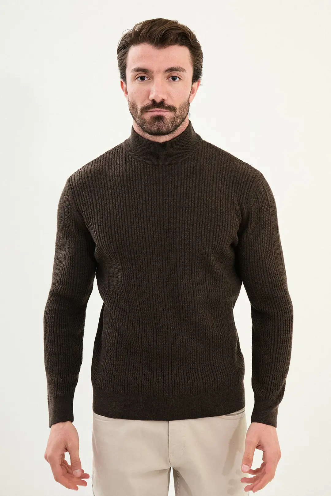 Slim Fit Erkek Yarım Balıkçı Yaka Çizgi Desen Triko Kazak  - KAHVERENGİ