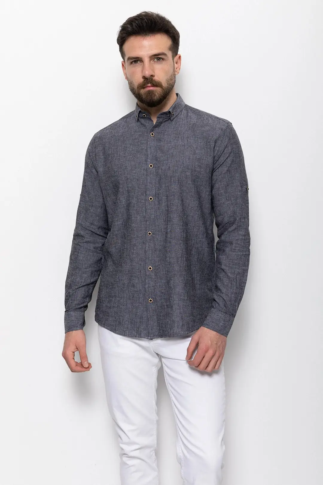 Slim Fit Erkek Düğmeli Yaka Keten Uzun Kol Gömlek - FÜME