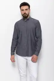 Slim Fit Erkek Düğmeli Yaka Keten Uzun Kol Gömlek 1