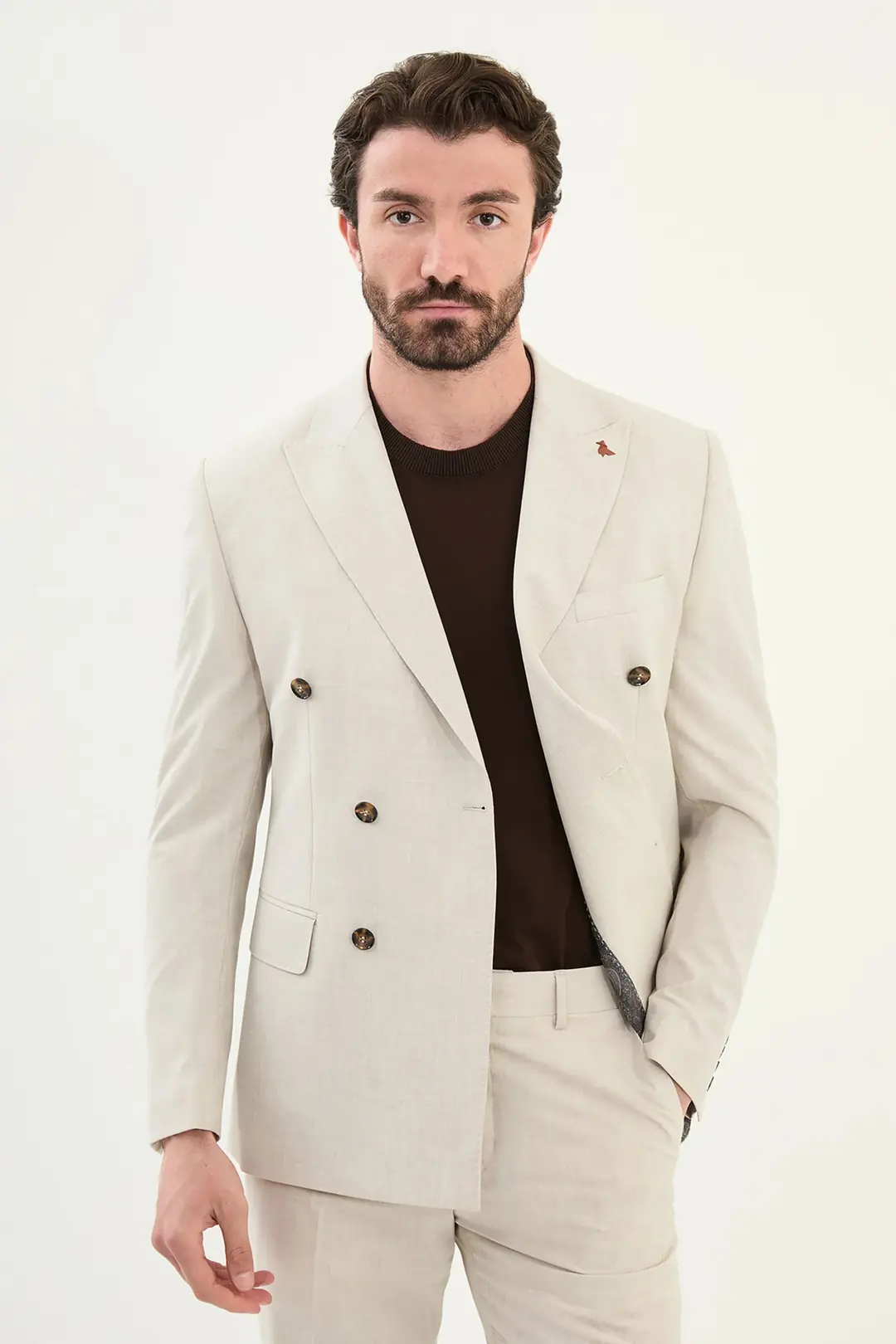 Slim Fit Erkek Yün Kumaş Kruvaze Takım Elbise 3