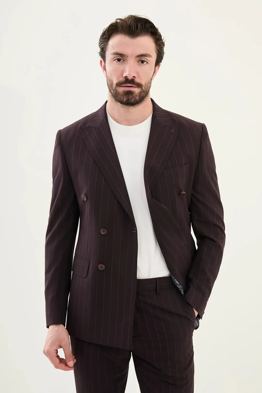 Slim Fit Erkek Çizgili Yün Kumaş Spor Kruvaze Takım Elbise 2