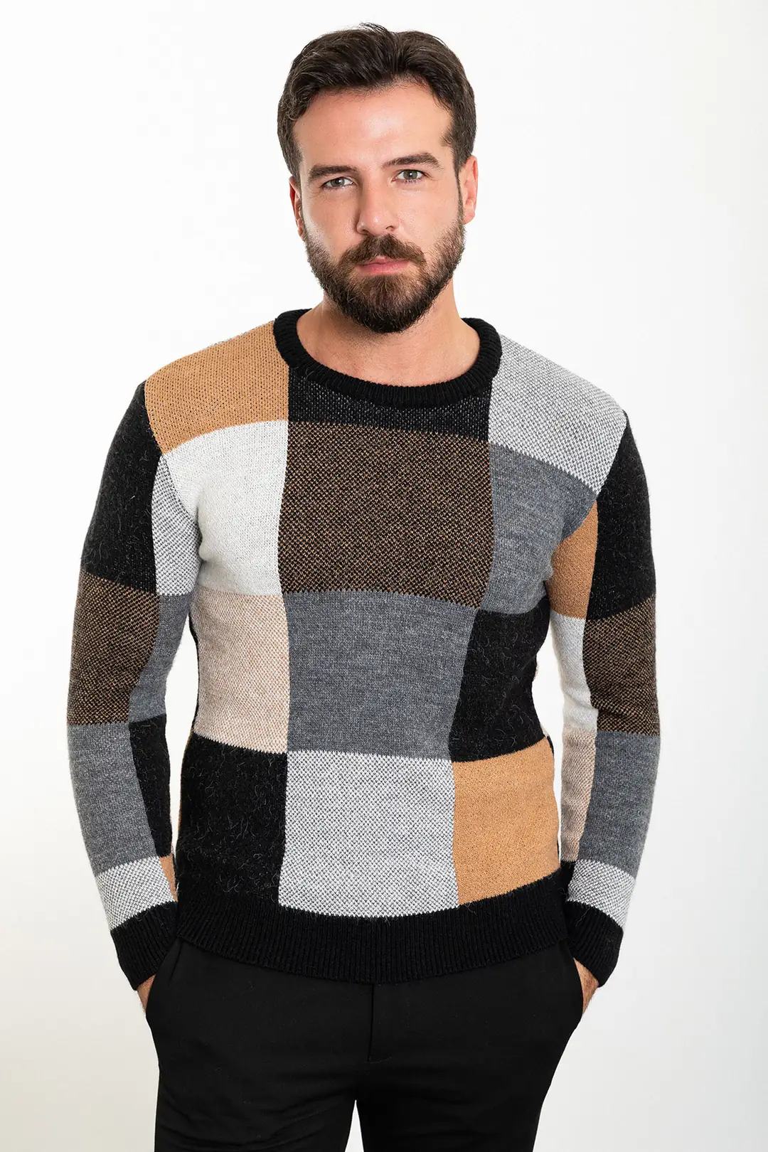 Slim Fit Erkek Parça Desen Yün Örme Triko Kazak - SİYAH