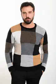 Slim Fit Erkek Parça Desen Yün Örme Triko Kazak 1