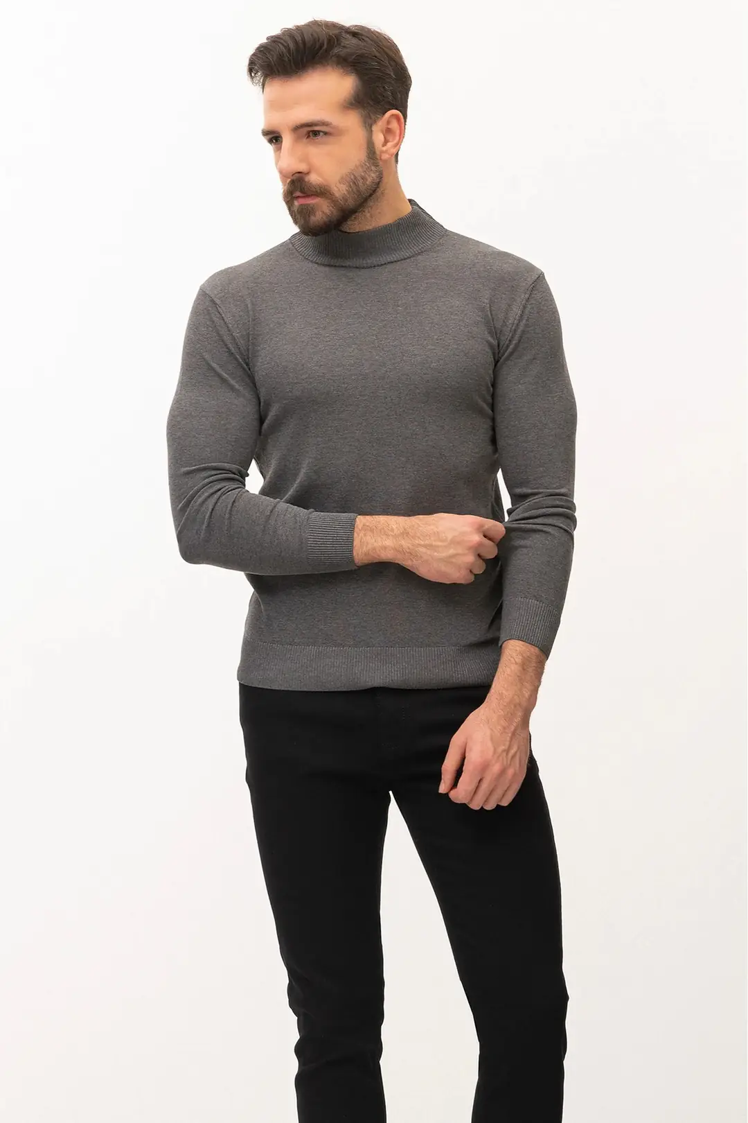 Slim Fit Erkek Yarım Balıkçı Yaka Dokuma Triko Kazak - ANTRASİT