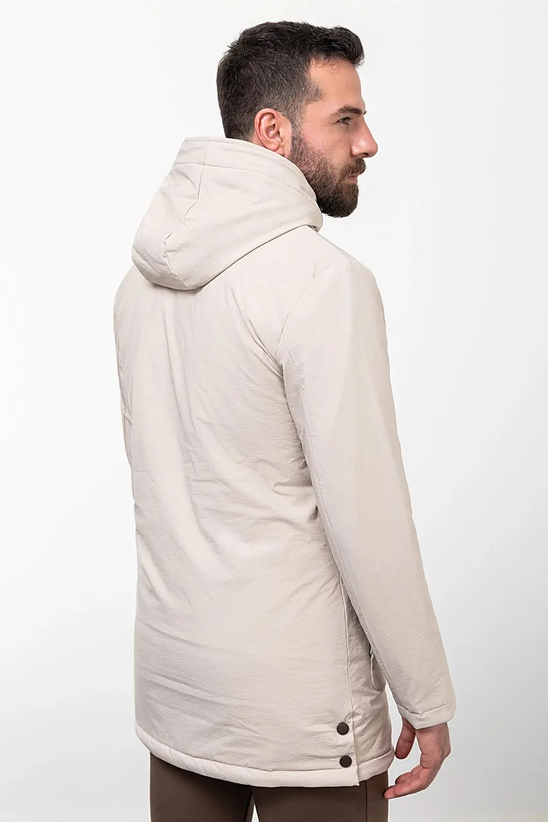 Slim Fit Erkek Kapüşonlu Uzun Su Geçirmez Cepli Fermuarlı Mont 4